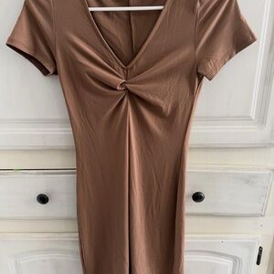 Ambiance Brown Knotted V-Neck Midi Dress